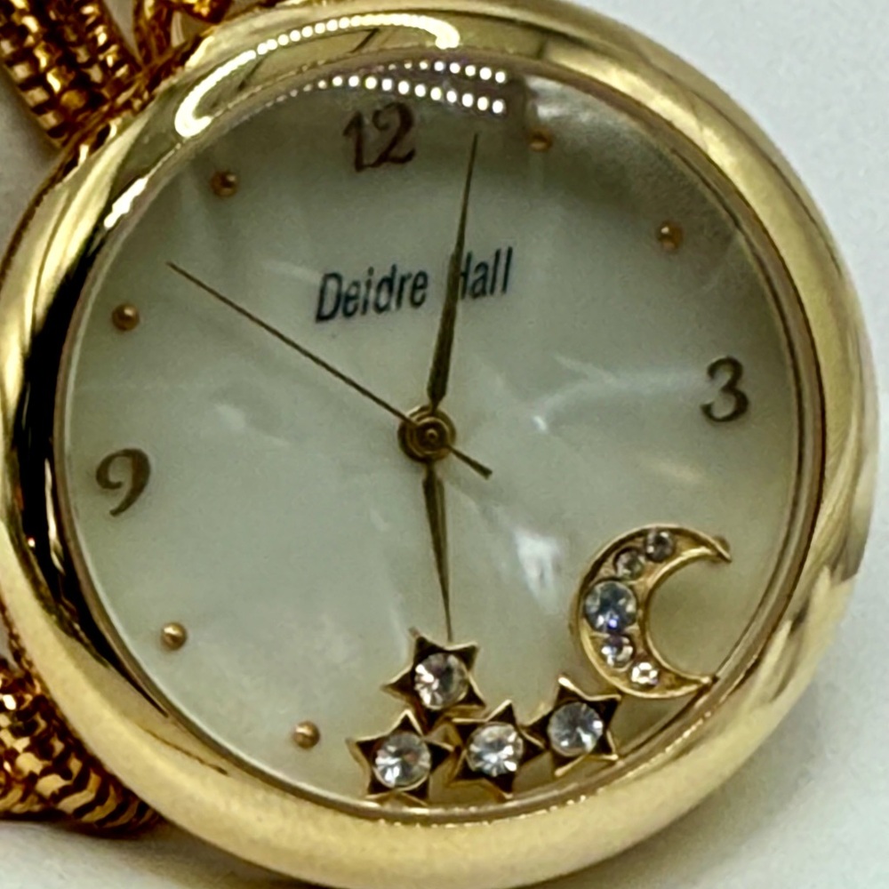 Deidre Hall Pocket Watch Necklace Crystal Accent Moon & Stars Charms MOP Face - Picture 14 of 17